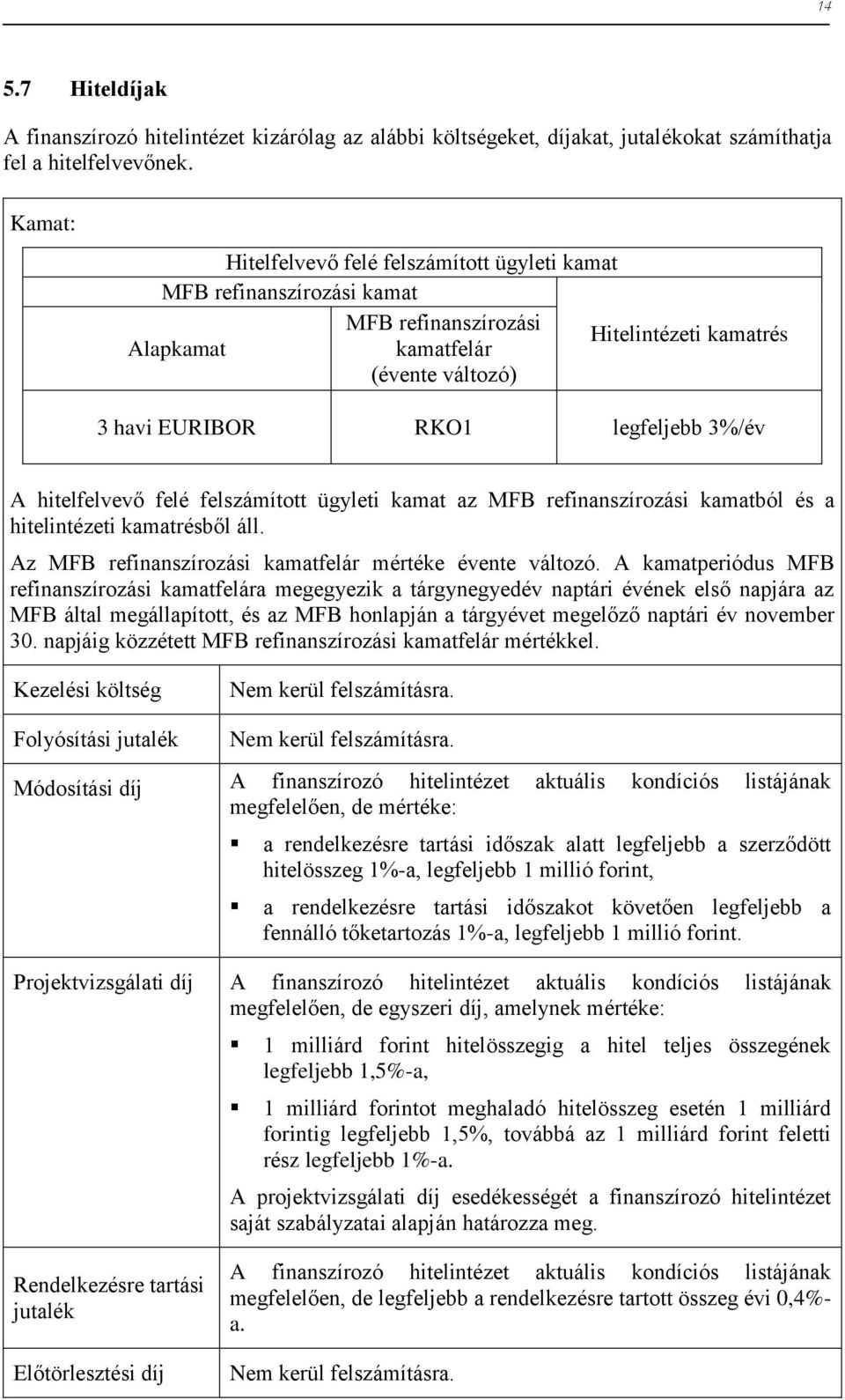 hitelfelvevő felé felszámított ügyleti kamat az MFB refinanszírozási kamatból és a hitelintézeti kamatrésből áll. Az MFB refinanszírozási kamatfelár mértéke évente változó.