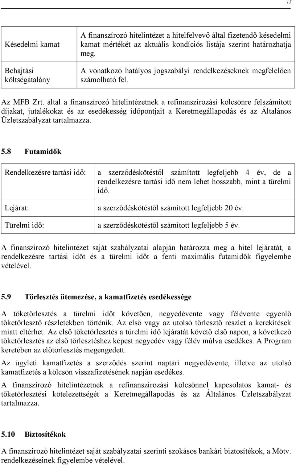 által a finanszírozó hitelintézetnek a refinanszírozási kölcsönre felszámított díjakat, jutalékokat és az esedékesség időpontjait a Keretmegállapodás és az Általános Üzletszabályzat tartalmazza. 5.