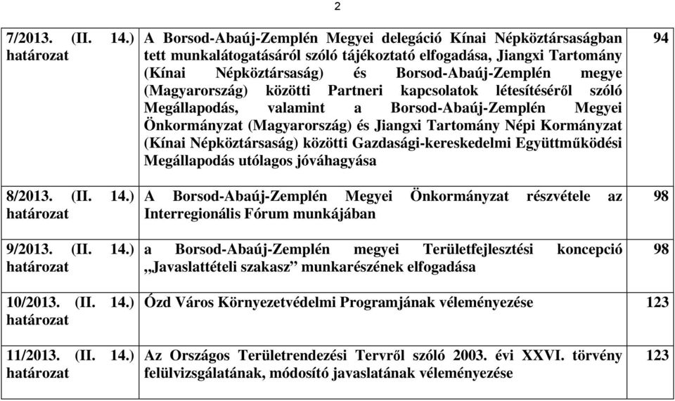 megye (Magyarország) közötti Partneri kapcsolatok létesítéséről szóló Megállapodás, valamint a Borsod-Abaúj-Zemplén Megyei Önkormányzat (Magyarország) és Jiangxi Tartomány Népi Kormányzat (Kínai