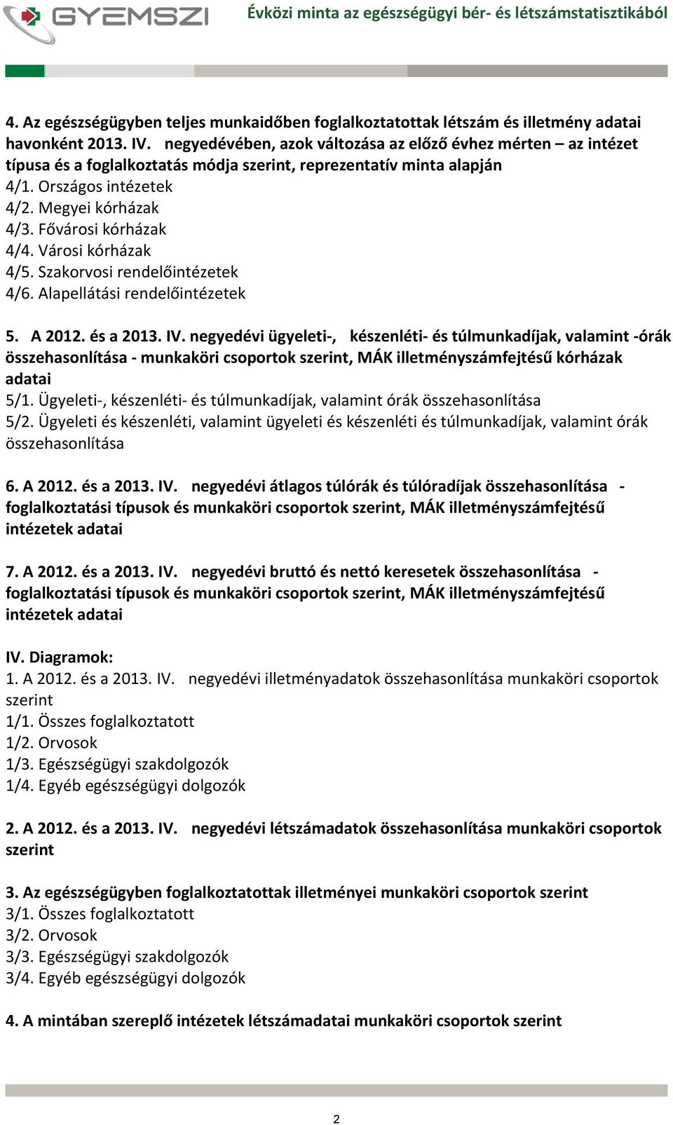 Fővárosi kórházak 4/4. Városi kórházak 4/5. Szakorvosi rendelőintézetek 4/6. Alapellátási rendelőintézetek 5. A 2012. és a 2013. IV.