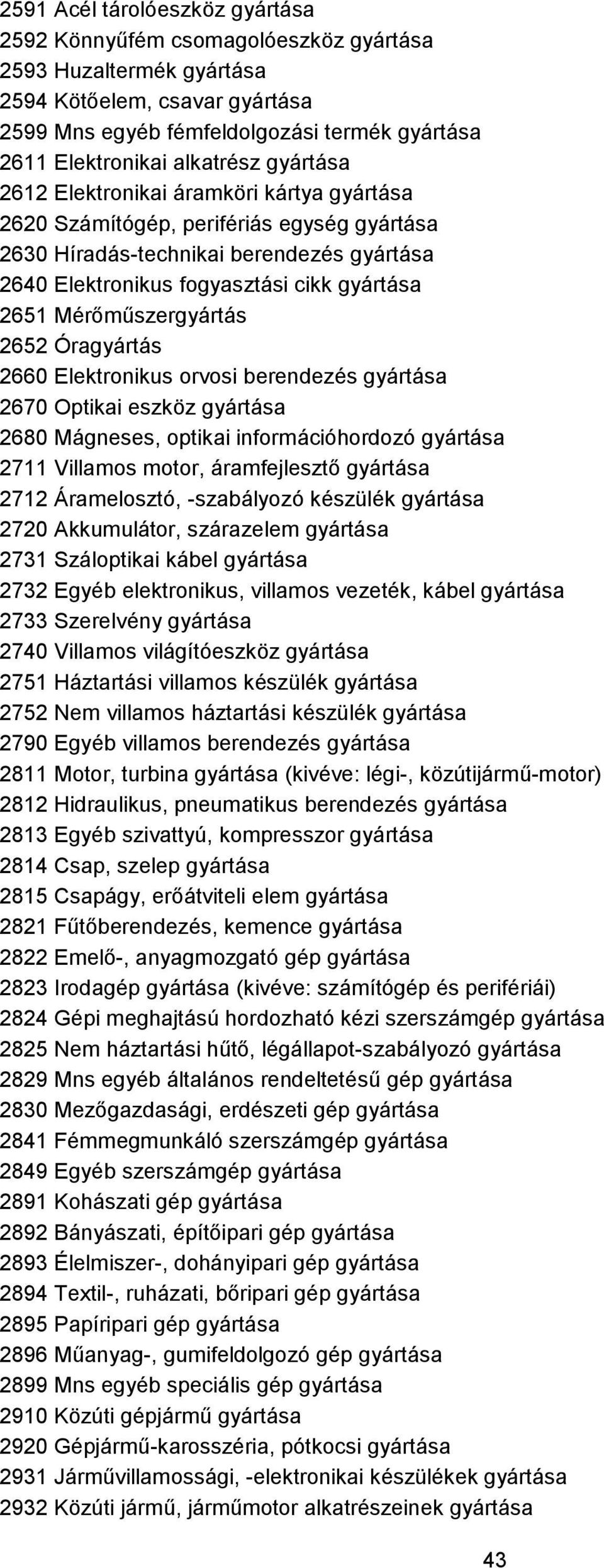 Mérőműszergyártás 2652 Óragyártás 2660 Elektronikus orvosi berendezés gyártása 2670 Optikai eszköz gyártása 2680 Mágneses, optikai információhordozó gyártása 2711 Villamos motor, áramfejlesztő