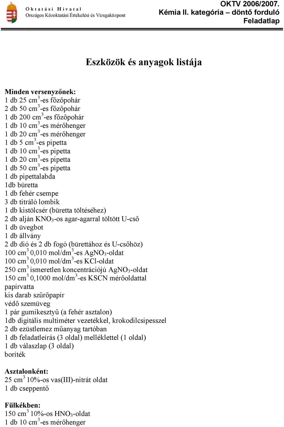 alján KNO 3 -os agar-agarral töltött U-cső 1 db üvegbot 1 db állvány 2 db dió és 2 db fogó (bürettához és U-csőhöz) 100 cm 3 0,010 mol/dm 3 -es AgNO 3 -oldat 100 cm 3 0,010 mol/dm 3 -es KCl-oldat 250