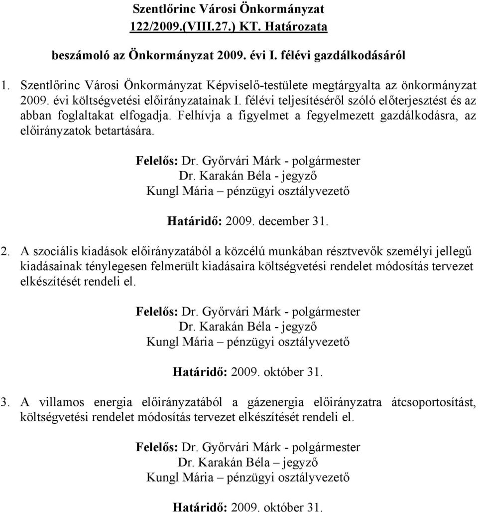 Felelős: Dr. Győrvári Márk - polgármester Dr. Karakán Béla - jegyző Kungl Mária pénzügyi osztályvezető Határidő: 20