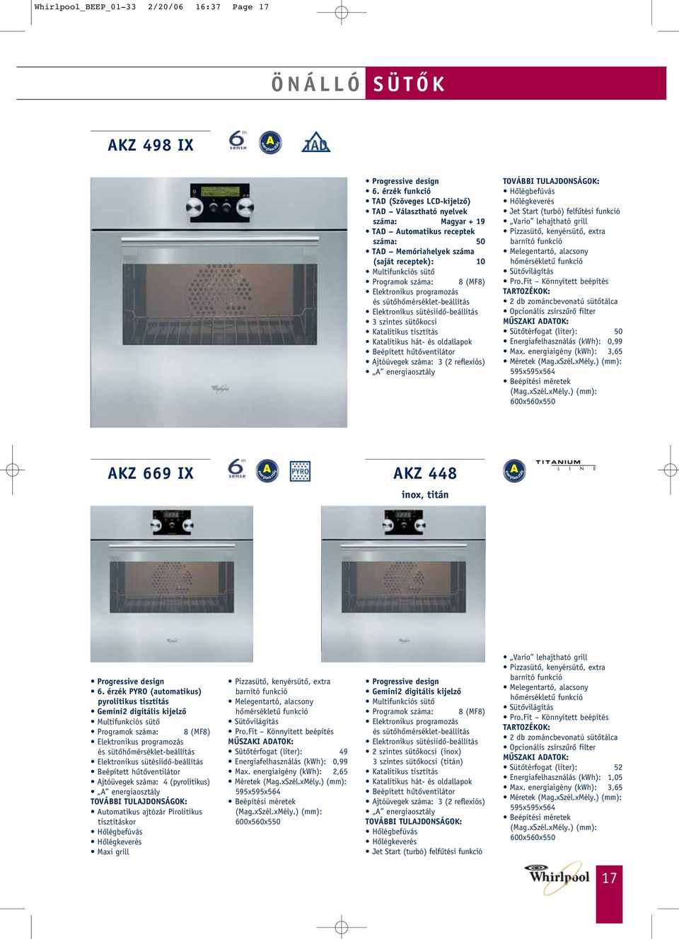 8 (MF8) Elektronikus programozás és sütôhômérséklet-beállítás Elektronikus sütésiidô-beállítás 3 szintes sütôkocsi Katalitikus tisztítás Katalitikus hát- és oldallapok Beépített hûtôventilátor