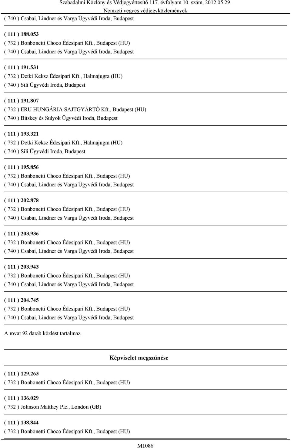 321 ( 732 ) Detki Keksz Édesipari Kft., Halmajugra (HU) ( 740 ) Sili Ügyvédi Iroda, Budapest ( 111 ) 195.856 ( 111 ) 202.878 ( 111 ) 203.