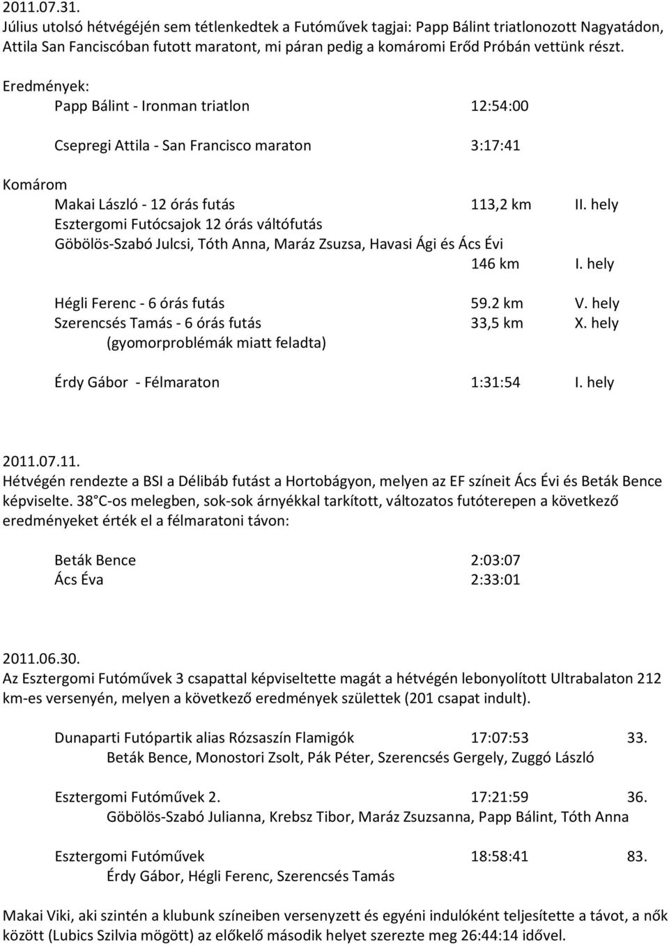 Eredmények: Papp Bálint - Ironman triatlon 12:54:00 Csepregi Attila - San Francisco maraton 3:17:41 Komárom Makai László - 12 órás futás 113,2 km II.