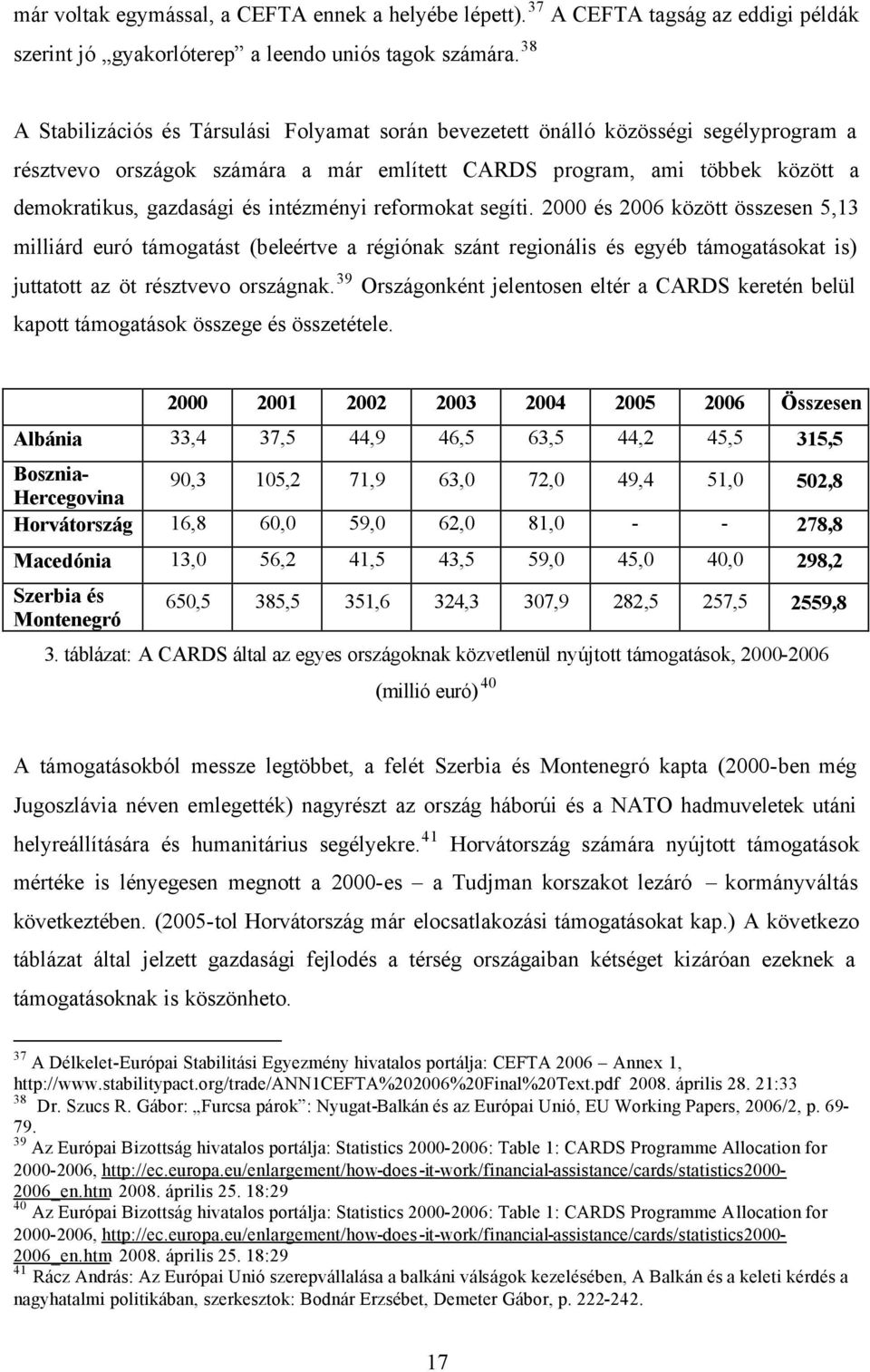 intézményi reformokat segíti. 2000 és 2006 között összesen 5,13 milliárd euró támogatást (beleértve a régiónak szánt regionális és egyéb támogatásokat is) juttatott az öt résztvevo országnak.