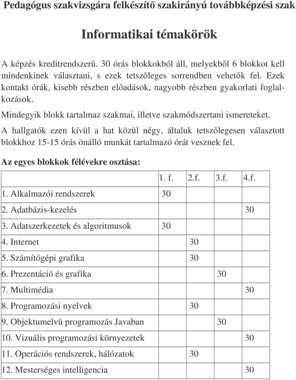 Mindegyik blokk tartalmaz szakmai, illetve szakmódszertani ismereteket.