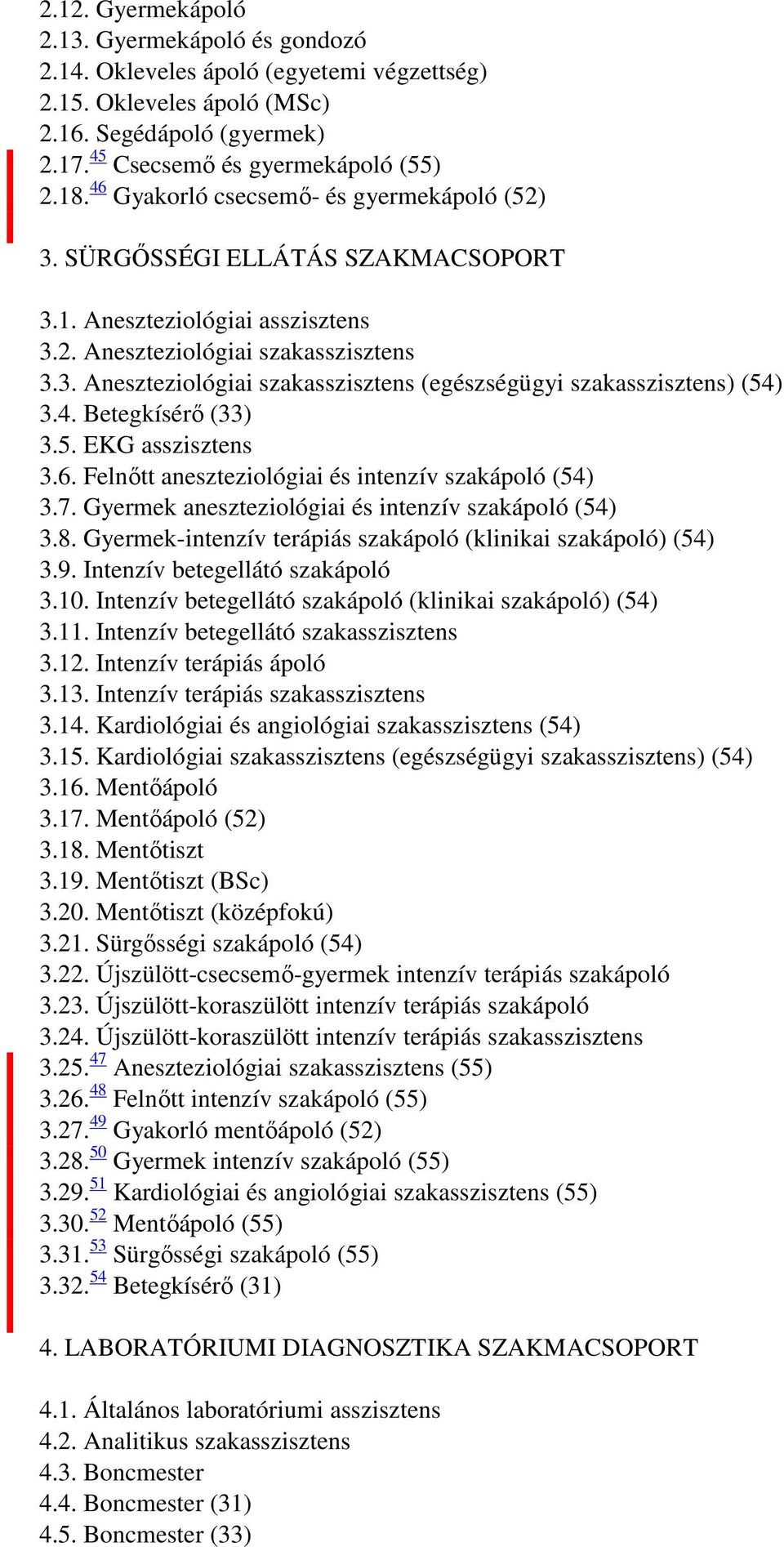 4. Betegkísérő (33) 3.5. EKG asszisztens 3.6. Felnőtt aneszteziológiai és intenzív szakápoló (54) 3.7. Gyermek aneszteziológiai és intenzív szakápoló (54) 3.8.