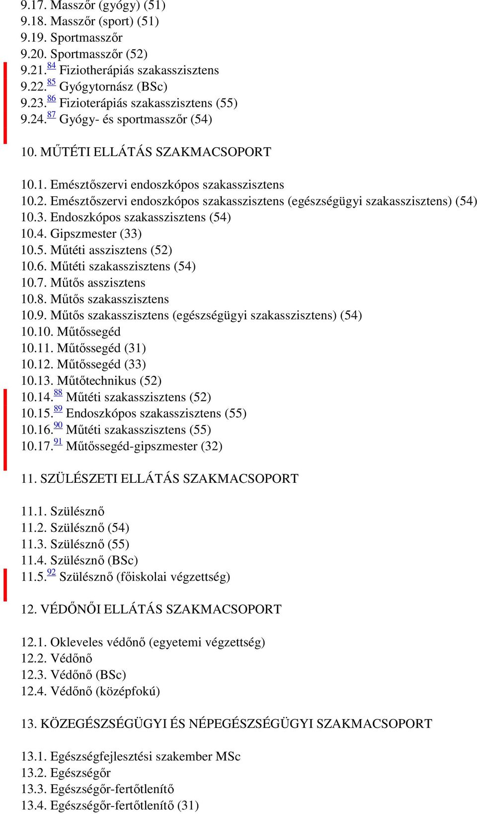 3. Endoszkópos szakasszisztens (54) 10.4. Gipszmester (33) 10.5. Műtéti asszisztens (52) 10.6. Műtéti szakasszisztens (54) 10.7. Műtős asszisztens 10.8. Műtős szakasszisztens 10.9.