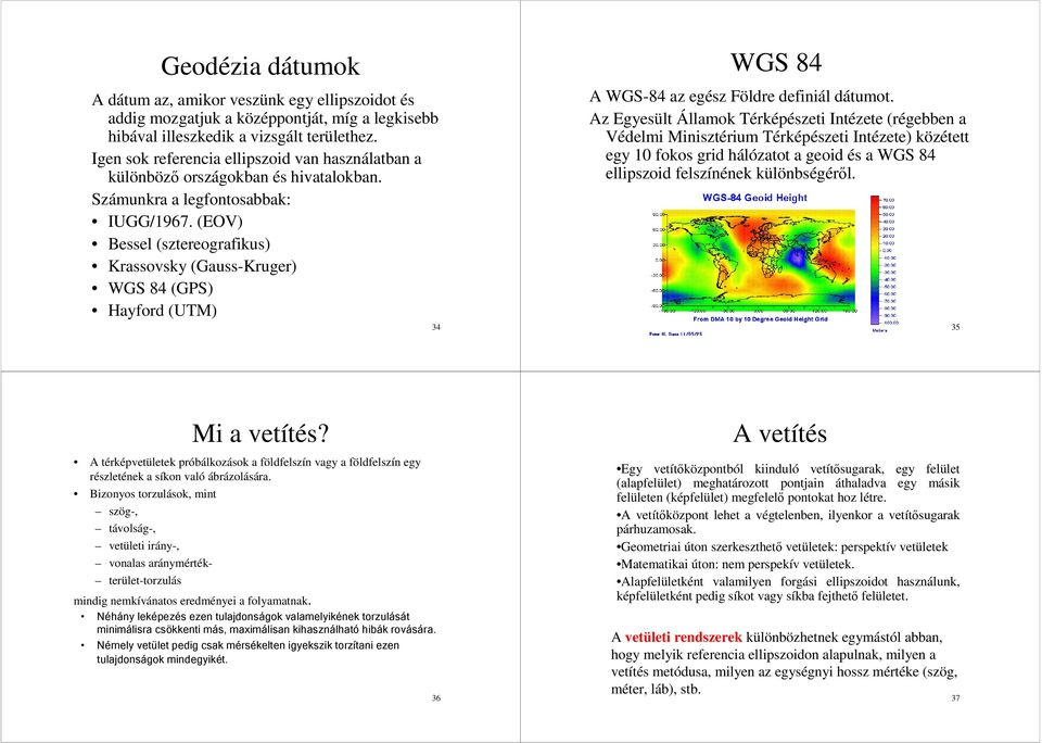 (EOV) Bessel (sztereografikus) Krassovsky (Gauss-Kruger) WGS 84 (GPS) Hayford (UTM) 34 WGS 84 A WGS-84 az egész Földre definiál dátumot.