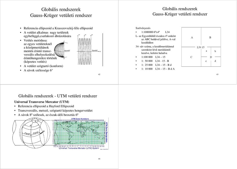 szögtartó (konform) A sávok szélessége 6 42 Szelvényezés 1:1000000 6ºx4º L34 L- az Egyenlítőtől északra 4º-onként az ABC betűivel jelölve, A-val kezdődően 34- sáv száma, a kezdőmeridiánnal szemközt