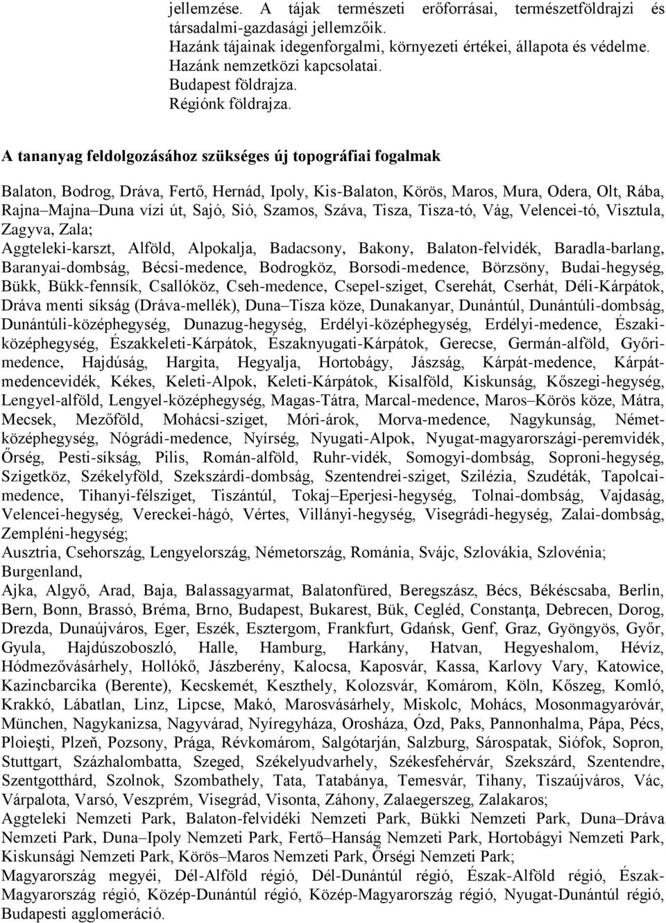 A tananyag feldolgozásához szükséges új topográfiai fogalmak Balaton, Bodrog, Dráva, Fertő, Hernád, Ipoly, Kis-Balaton, Körös, Maros, Mura, Odera, Olt, Rába, Rajna Majna Duna vízi út, Sajó, Sió,