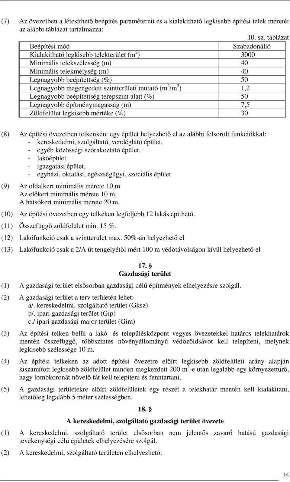 mutató (m 2 /m 2 ) 1,2 Legnagyobb beépítettség terepszint alatt (%) 50 Legnagyobb építménymagasság (m) 7,5 Zöldfelület legkisebb mértéke (%) 30 (8) Az építési övezetben telkenként egy épület