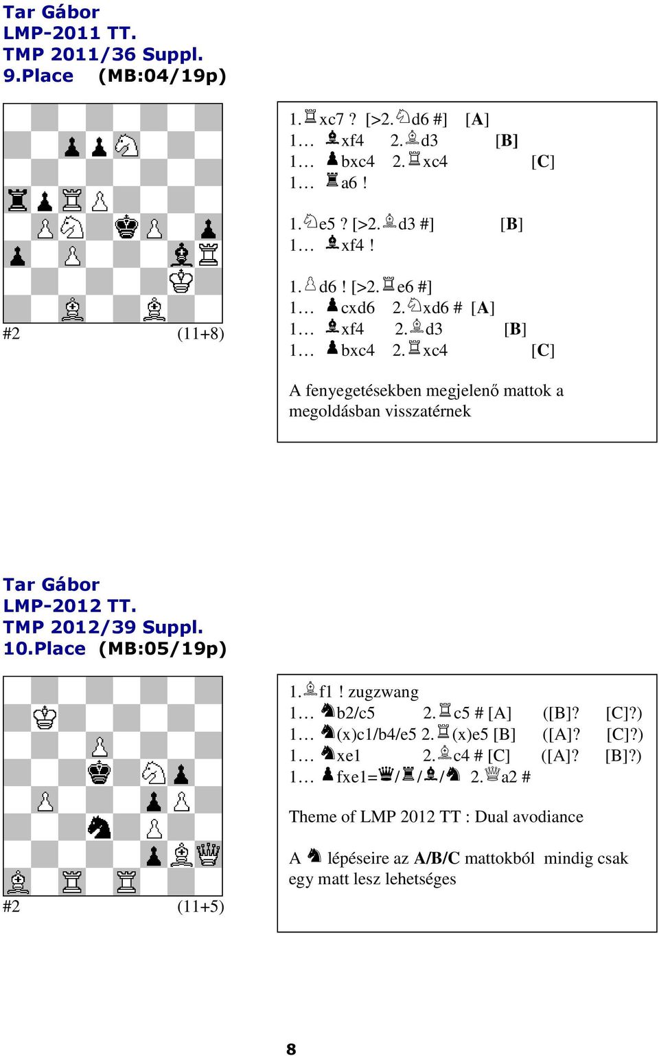 [>2 e6 #] 1 cxd6 2 xd6 # [A] 1 xf4 2 d3 [B] 1 bxc4 2 xc4 [C] A fenyegetésekben megjelenő mattok a megoldásban visszatérnek Tar Gábor LMP-2012 TT TMP