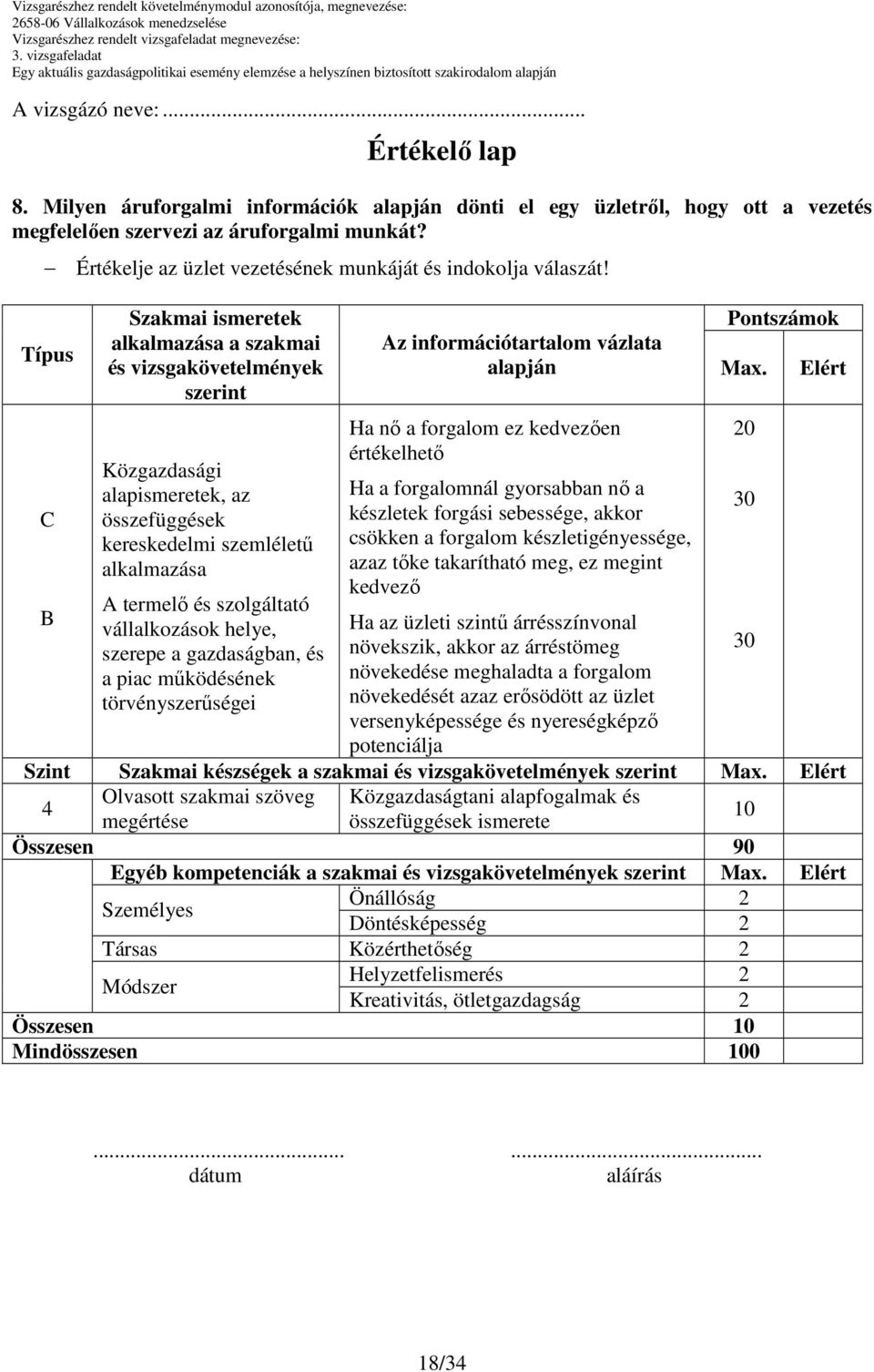 Típus Szakmai ismeretek alkalmazása a szakmai és vizsgakövetelmények szerint Közgazdasági alapismeretek, az összefüggések kereskedelmi szemlélető alkalmazása A termelı és szolgáltató vállalkozások