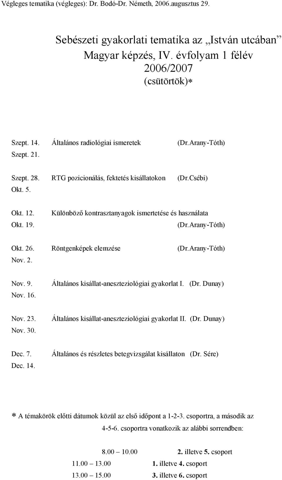 Különböző kontrasztanyagok ismertetése és használata (Dr.Arany-Tóth) Okt. 26. Röntgenképek elemzése (Dr.Arany-Tóth) Nov. 2. Nov. 9. Nov. 16. Általános kisállat-aneszteziológiai gyakorlat I. (Dr. Dunay) Nov.