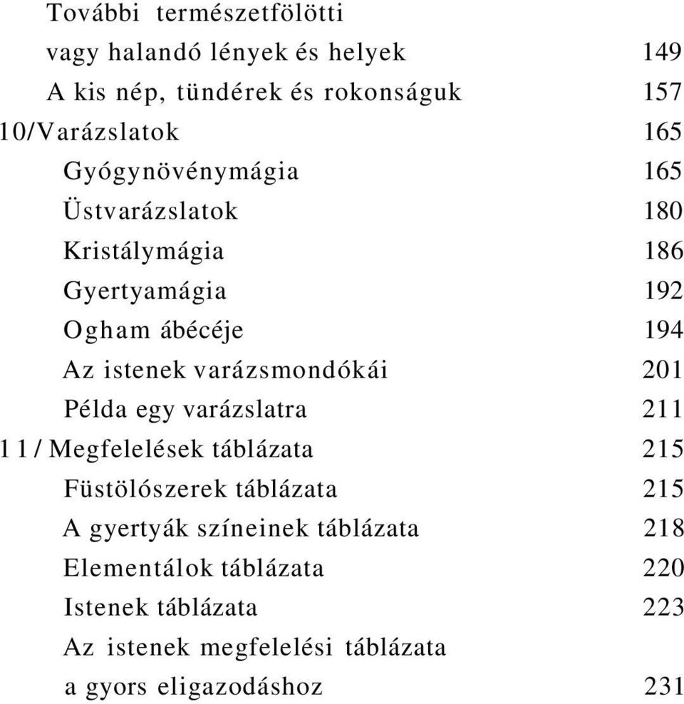 varázsmondókái 201 Példa egy varázslatra 211 11/ Megfelelések táblázata 215 Füstölószerek táblázata 215 A gyertyák