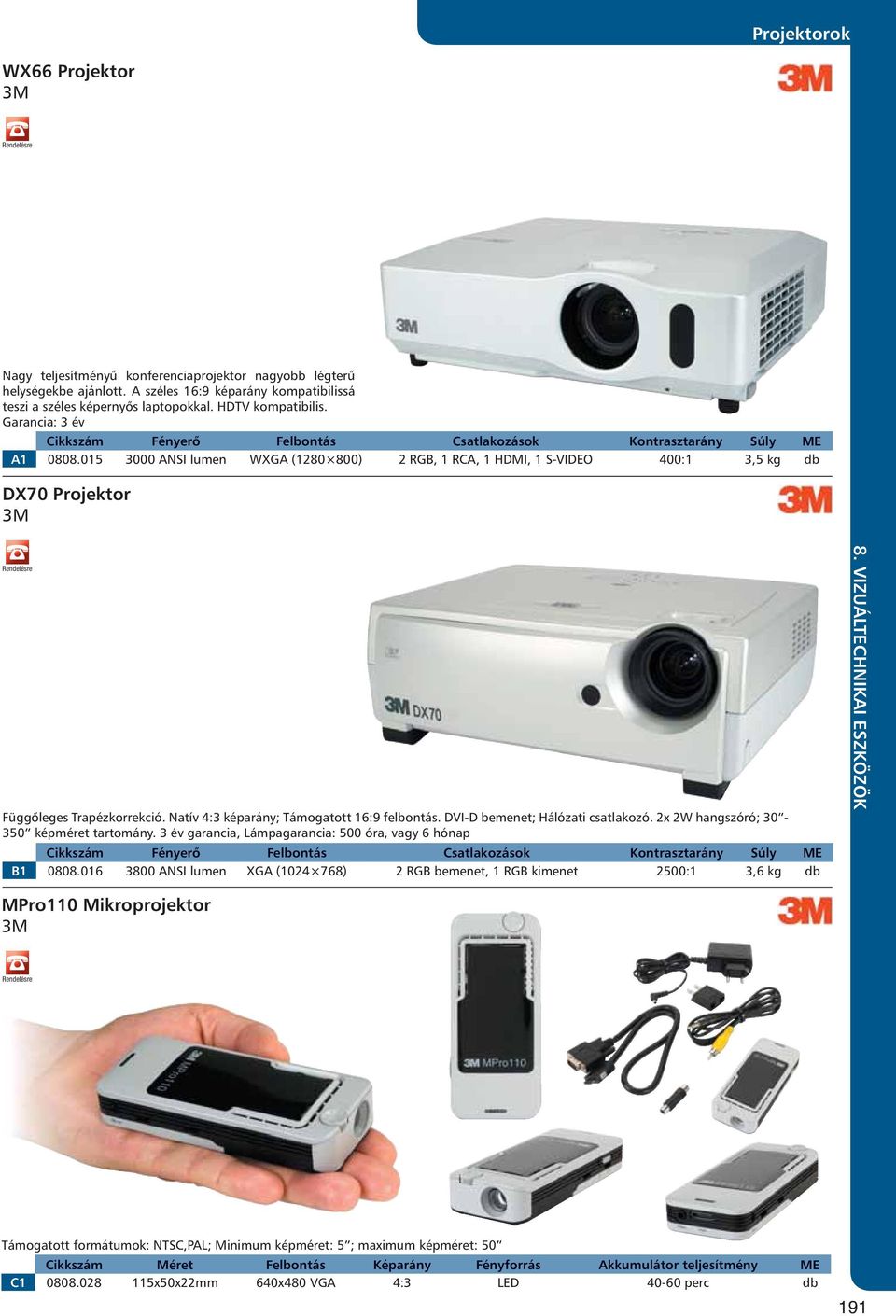 015 3000 ANSI lumen WXGA (1280 800) 2 RGB, 1 RCA, 1 HDMI, 1 S-VIDEO 400:1 3,5 kg db DX70 Projektor Függőleges Trapézkorrekció. Natív 4:3 képarány; Támogatott 16:9 felbontás.