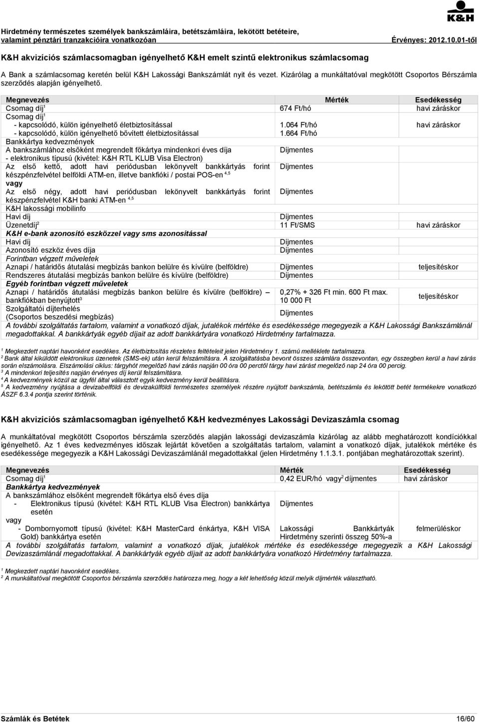 Csomag díj 674 Ft/hó havi záráskor Csomag díj - kapcsolódó, külön igényelhető életbiztosítással - kapcsolódó, külön igényelhető bővített életbiztosítással Bankkártya kedvezmények A bankszámlához