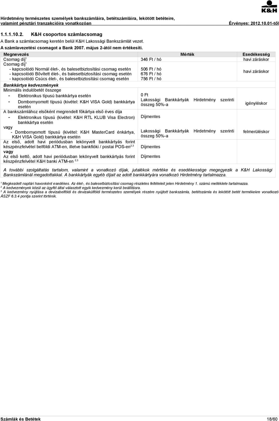 élet-, és balesetbiztosítási csomag esetén Bankkártya kedvezmények Minimális indulóbetét összege - Elektronikus típusú bankkártya esetén - Dombornyomott típusú (kivétel: K&H VISA Gold) bankkártya