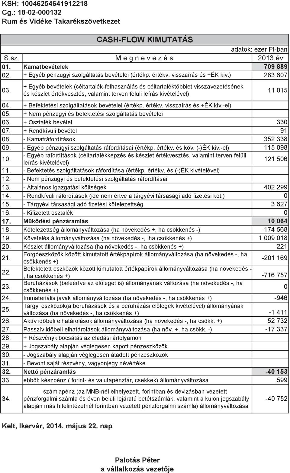 + Egyéb bevételek (céltartalék-felhasználás és céltartaléktöbblet visszavezetésének és készlet értékvesztés, valamint terven felüli leírás kivételével) 11 015 04.