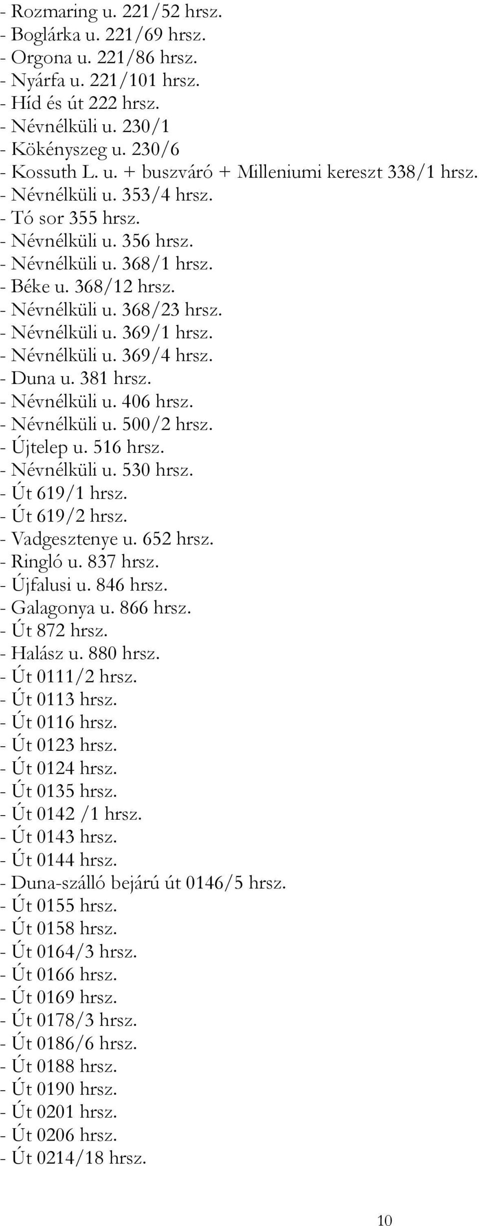 - Duna u. 381 hrsz. - Névnélküli u. 406 hrsz. - Névnélküli u. 500/2 hrsz. - Újtelep u. 516 hrsz. - Névnélküli u. 530 hrsz. - Út 619/1 hrsz. - Út 619/2 hrsz. - Vadgesztenye u. 652 hrsz. - Ringló u.