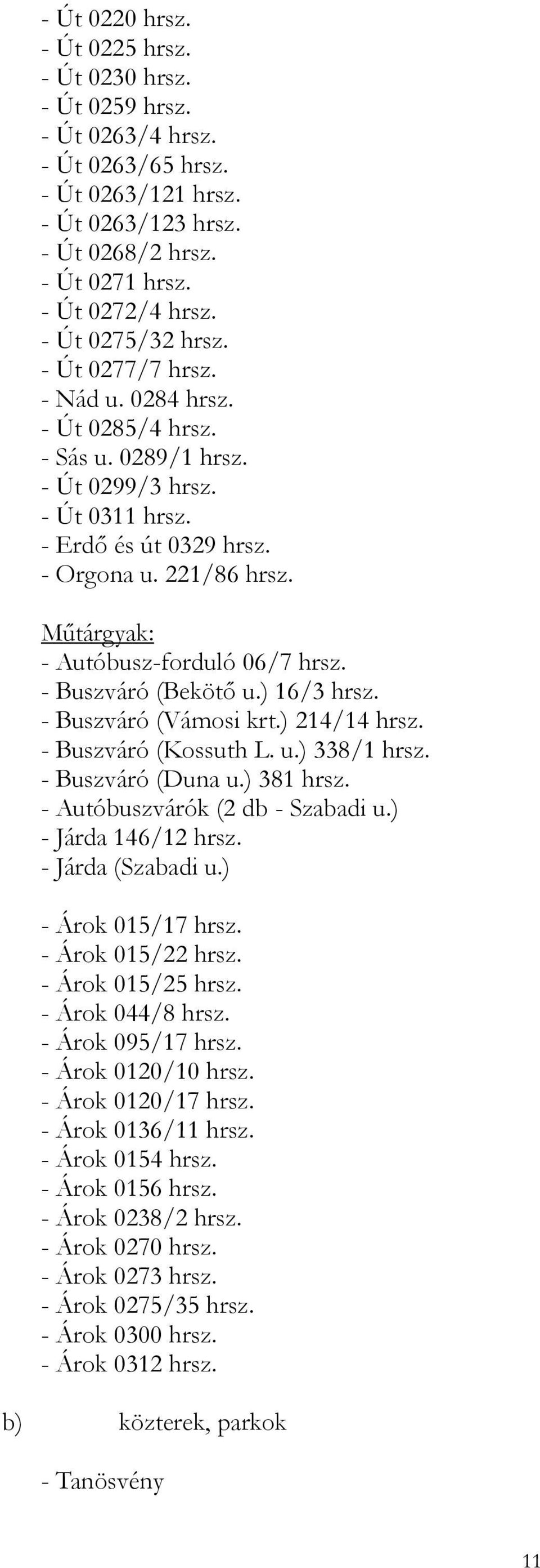 Műtárgyak: - Autóbusz-forduló 06/7 hrsz. - Buszváró (Bekötő u.) 16/3 hrsz. - Buszváró (Vámosi krt.) 214/14 hrsz. - Buszváró (Kossuth L. u.) 338/1 hrsz. - Buszváró (Duna u.) 381 hrsz.