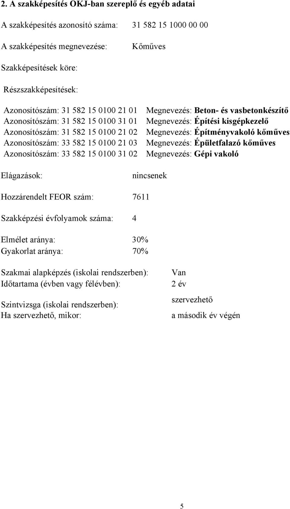 és vasbetonkészítő Megnevezés: Építési kisgépkezelő Megnevezés: Építményvakoló kőműves Megnevezés: Épületfalazó kőműves Megnevezés: Gépi vakoló Elágazások: nincsenek Hozzárendelt FEOR szám: 7611