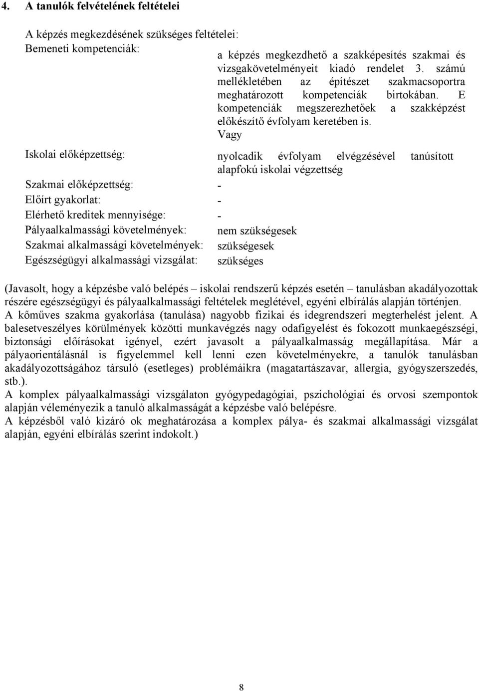 Vagy Iskolai előképzettség: nyolcadik évfolyam elvégzésével tanúsított alapfokú iskolai végzettség Szakmai előképzettség: - Előírt gyakorlat: - Elérhető kreditek mennyisége: - Pályaalkalmassági