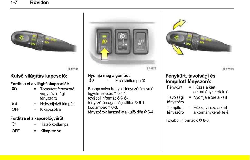 5-17, további információ 3 6-1, fényszórómagasság-állítás 3 6-1, ködlámpák 3 6-3, fényszórók használata külföldön 3 6-4.