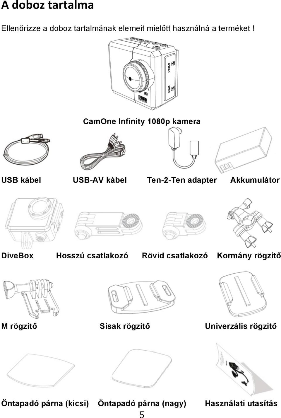 CamOne Infinity 1080p kamera USB kábel USB-AV kábel Ten-2-Ten adapter Akkumulátor