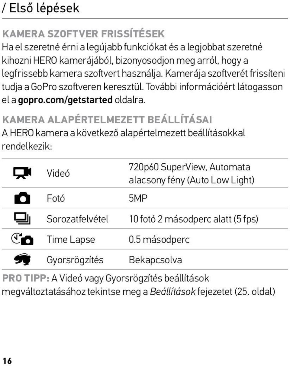 Kamera Alapértelmezett Beállításai A HERO kamera a következő alapértelmezett beállításokkal rendelkezik: Videó Fotó Sorozatfelvétel Time Lapse 720p60 SuperView, Automata alacsony fény