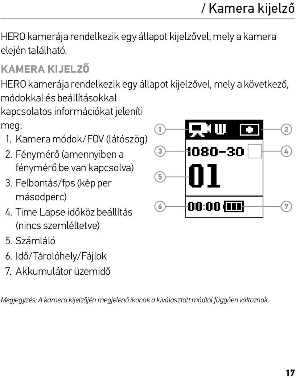 jeleníti meg: 1. Kamera módok/fov (látószög) 2. Fénymérő (amennyiben a fénymérő be van kapcsolva) 3. Felbontás/fps (kép per másodperc) 4.