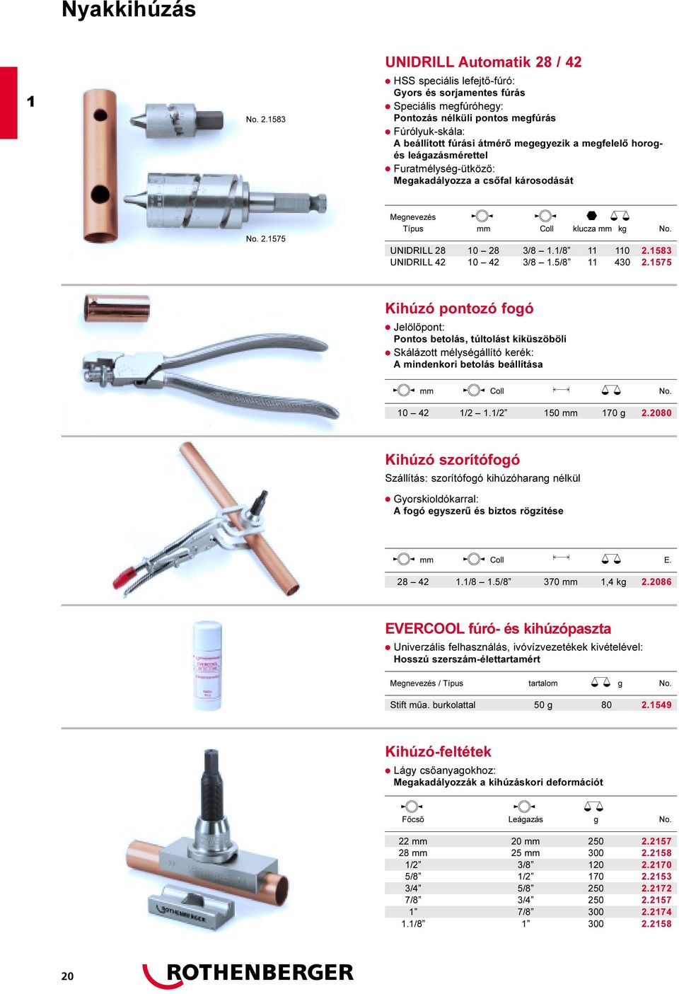 megfelelõ horogés leágazásmérettel Furatmélységütközõ: Megakadályozza a csõfal károsodását No. 2.575 Megnevezés Típus mm Coll klucza mm kg No. UNIDRILL 28 0 28 3/8./8 0 2.583 UNIDRILL 42 0 42 3/8.