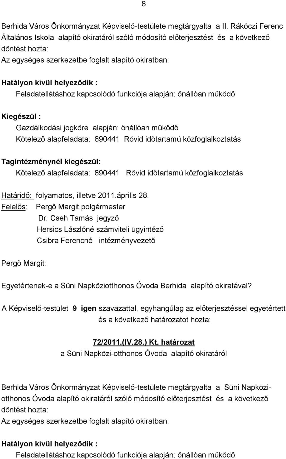 Feladatellátáshoz kapcsolódó funkciója alapján: önállóan működő Kiegészül : Gazdálkodási jogköre alapján: önállóan működő Kötelező alapfeladata: 890441 Rövid időtartamú közfoglalkoztatás