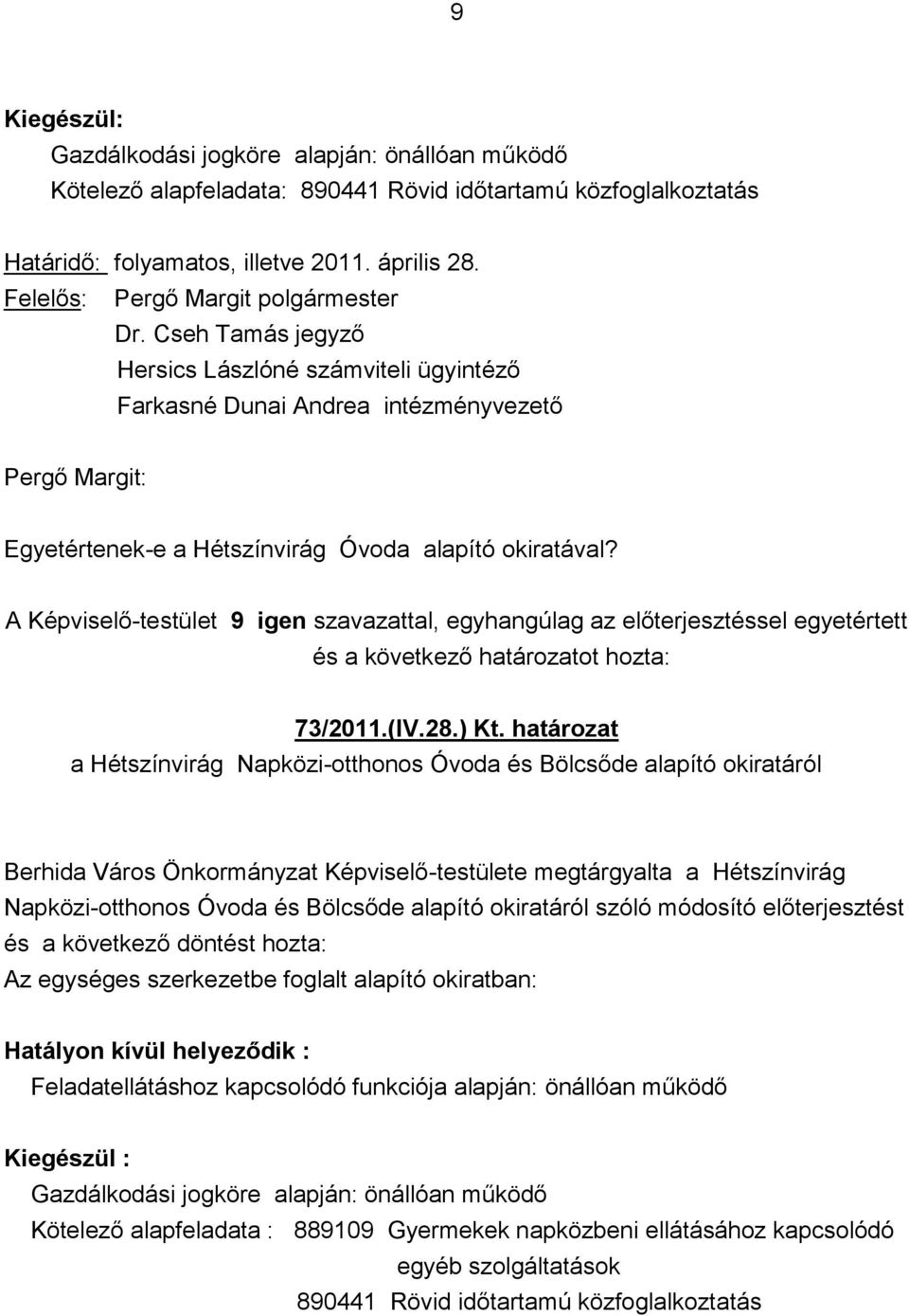 A Képviselő-testület 9 igen szavazattal, egyhangúlag az előterjesztéssel egyetértett és a következő határozatot hozta: 73/2011.(IV.28.) Kt.