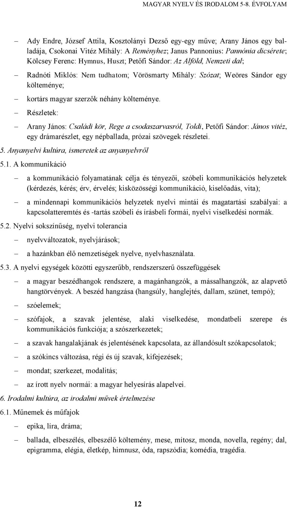 Részletek: Arany János: Családi kör, Rege a csodaszarvasról, Toldi, Petőfi Sándor: János vitéz, egy drámarészlet, egy népballada, prózai szövegek részletei. 5.