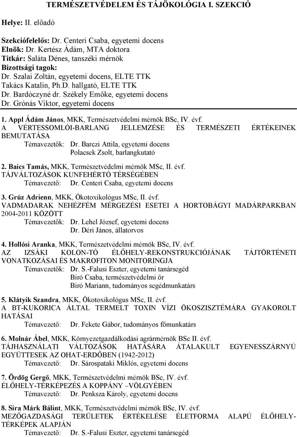 Székely Emőke, egyetemi docens Dr. Grónás Viktor, egyetemi docens 1. Appl Ádám János, MKK, Természetvédelmi mérnök BSc, IV. évf.