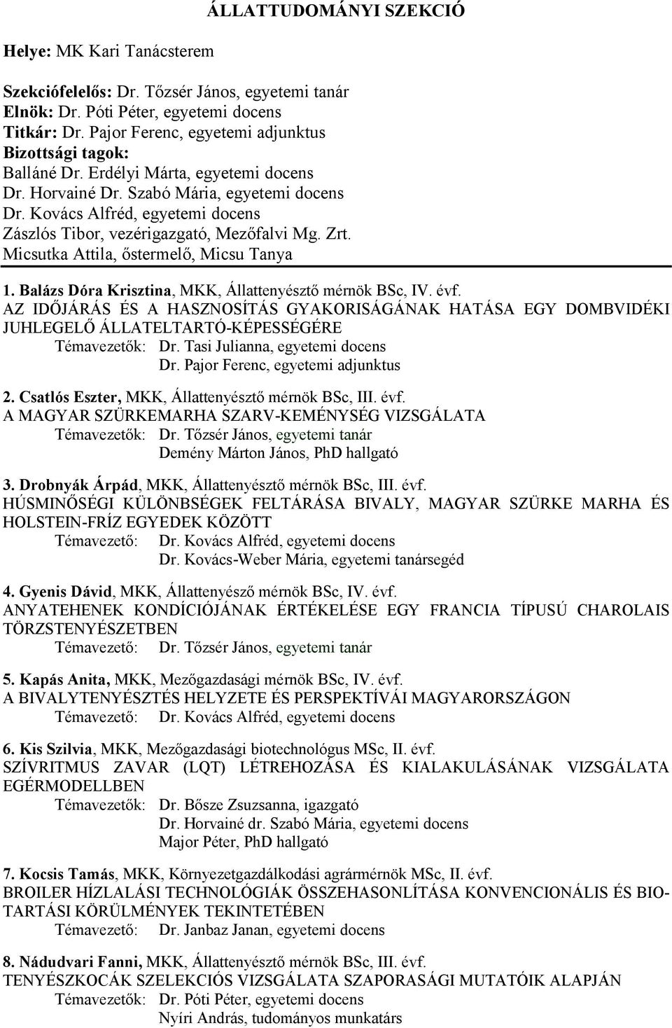 Kovács Alfréd, egyetemi docens Zászlós Tibor, vezérigazgató, Mezőfalvi Mg. Zrt. Micsutka Attila, őstermelő, Micsu Tanya 1. Balázs Dóra Krisztina, MKK, Állattenyésztő mérnök BSc, IV. évf.