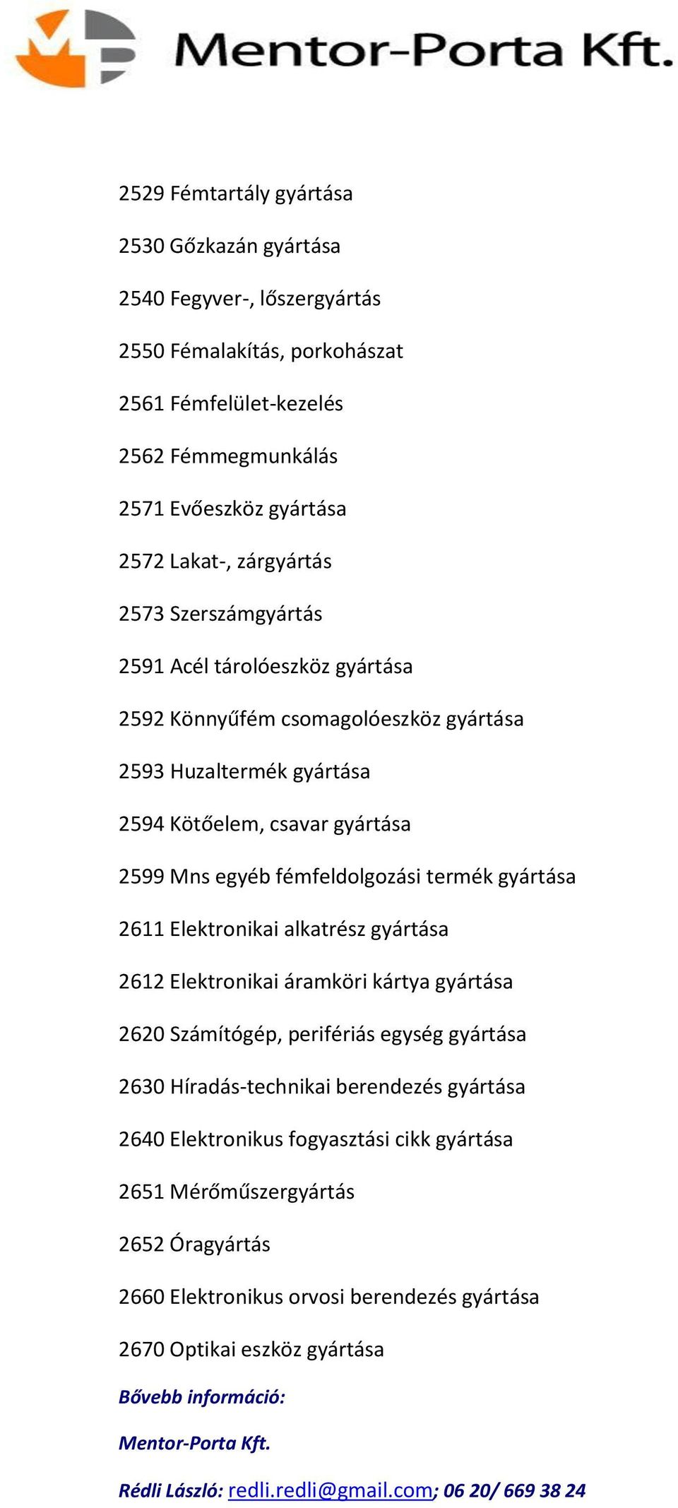 egyéb fémfeldolgozási termék gyártása 2611 Elektronikai alkatrész gyártása 2612 Elektronikai áramköri kártya gyártása 2620 Számítógép, perifériás egység gyártása 2630