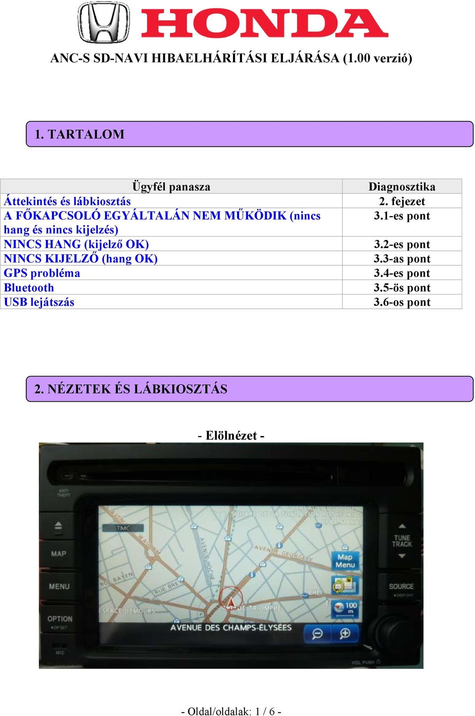 Bluetooth USB lejátszás Diagnosztika 2. fejezet 3.1-es pont 3.2-es pont 3.3-as pont 3.