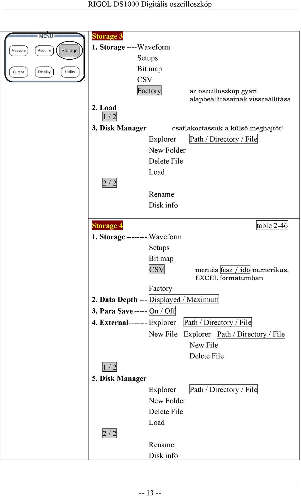 Storage -------- Waveform Setups Bit map CSV mentés fesz / idő numerikus, EXCEL formátumban Factory 2. Data Depth --- Displayed / Maximum 3. Para Save ----- On / Off 4.