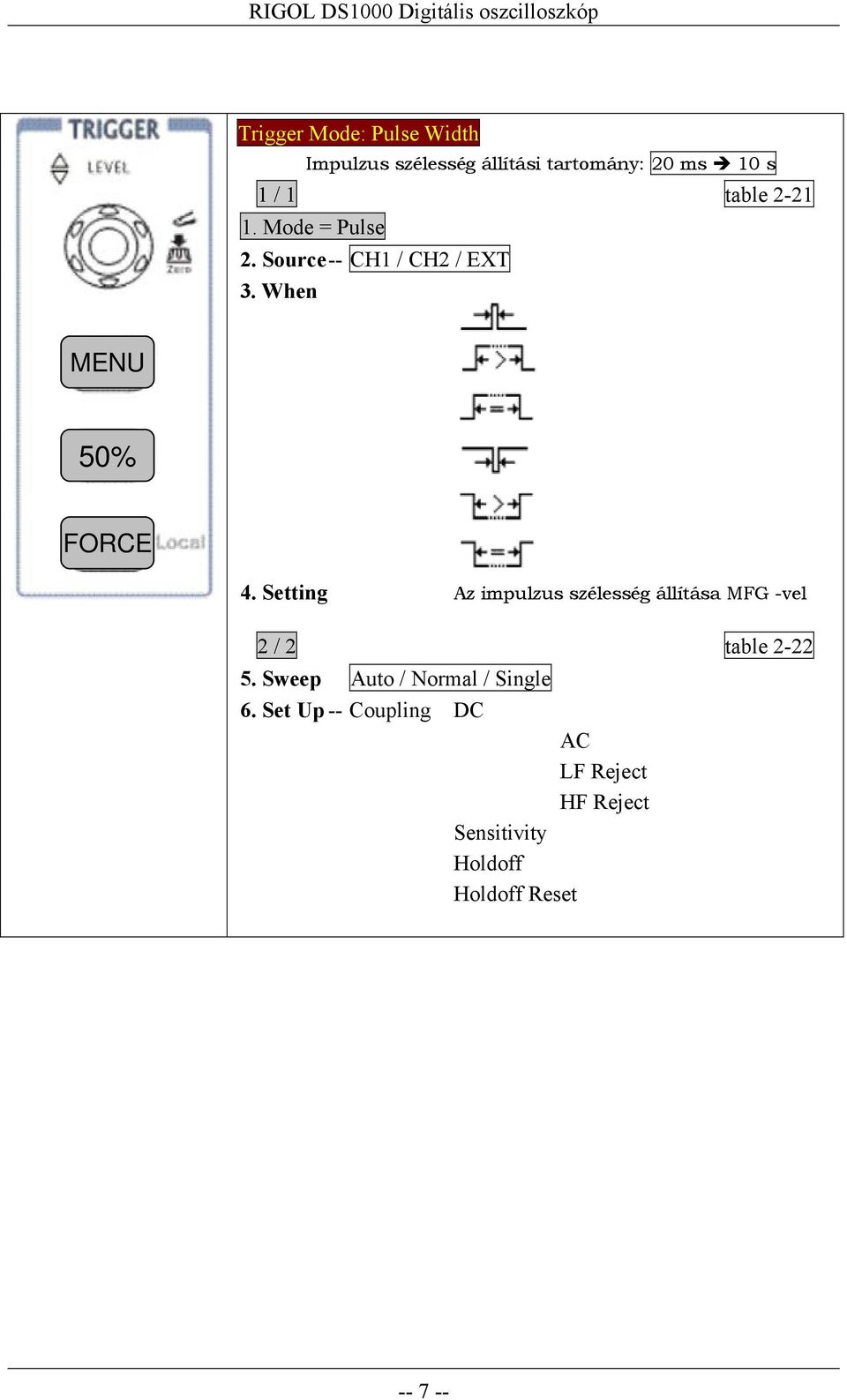 Setting Az impulzus szélesség állítása MFG -vel 2 / 2 table 2-22 5.