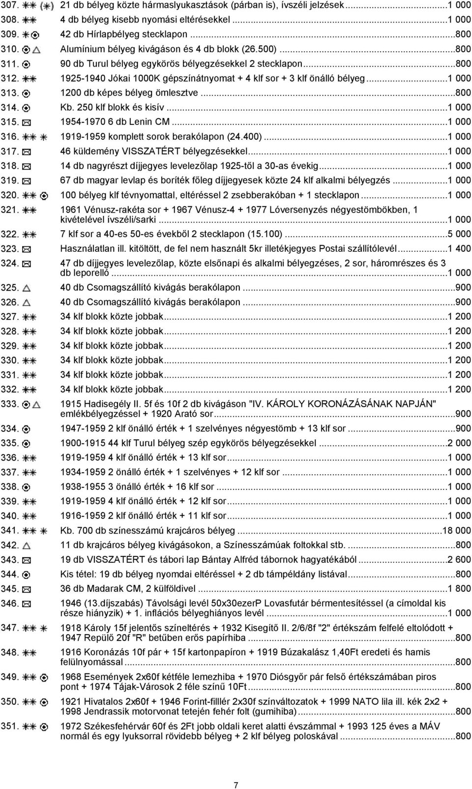 ..1 000 313. 1200 db képes bélyeg ömlesztve...800 314. Kb. 250 klf blokk és kisív...1 000 315. 1954-1970 6 db Lenin CM...1 000 316. 1919-1959 komplett sorok berakólapon (24.400)...1 000 317.