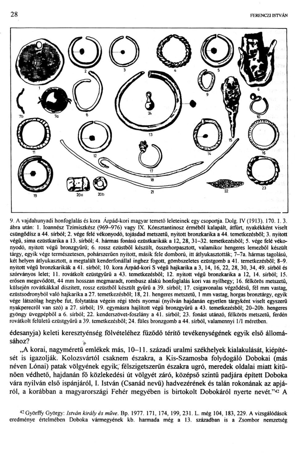 nyitott végű, sima ezüstkarika a 13. sírból; 4. hármas fonású ezüstkarikák a 12, 28, 31-32. temetkezésből; 5. vége felé vékonyodó, nyitott végű bronzgyürű; 6.