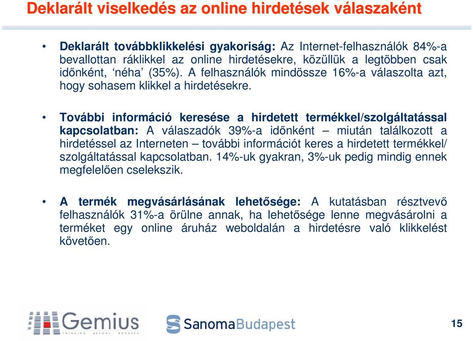 További információ keresése a hirdetett termékkel/szolgáltatással kapcsolatban: A válaszadók 39%-a idnként miután találkozott a hirdetéssel az Interneten további információt keres a hirdetett