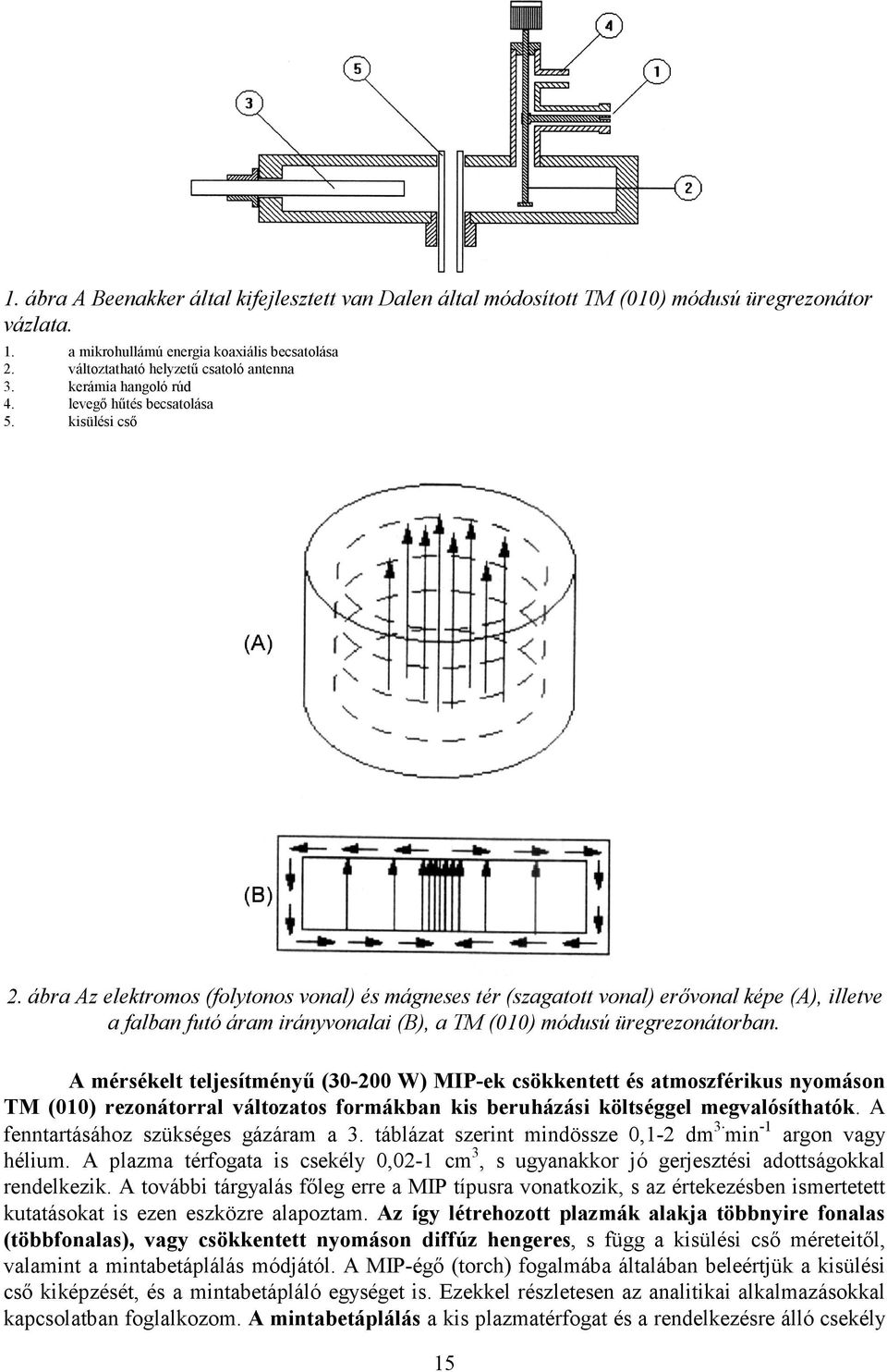 ábra Az elektromos (folytonos vonal) és mágneses tér (szagatott vonal) erıvonal képe (A), illetve a falban futó áram irányvonalai (B), a TM (010) módusú üregrezonátorban.