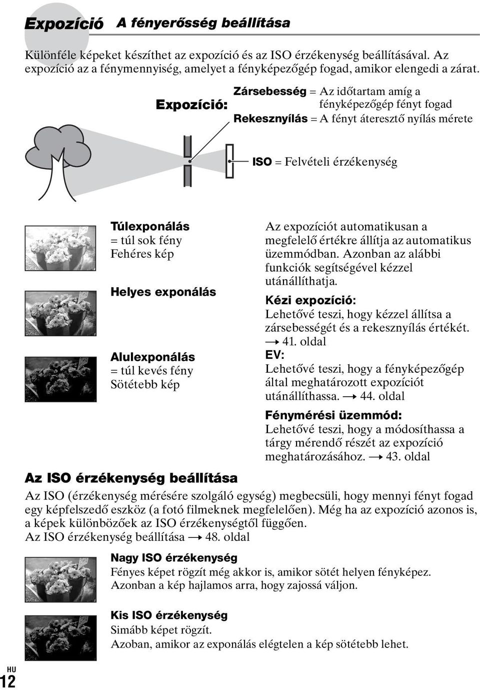 Zársebesség = Az időtartam amíg a Expozíció: fényképezőgép fényt fogad Rekesznyílás = A fényt áteresztő nyílás mérete ISO = Felvételi érzékenység Túlexponálás = túl sok fény Fehéres kép Helyes