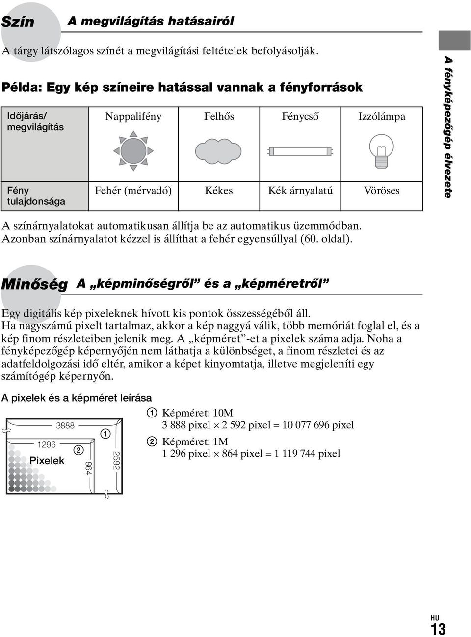 élvezete A színárnyalatokat automatikusan állítja be az automatikus üzemmódban. Azonban színárnyalatot kézzel is állíthat a fehér egyensúllyal (60. oldal).